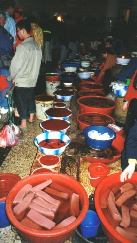 Market in Chongqing, selling various animal blood,1999